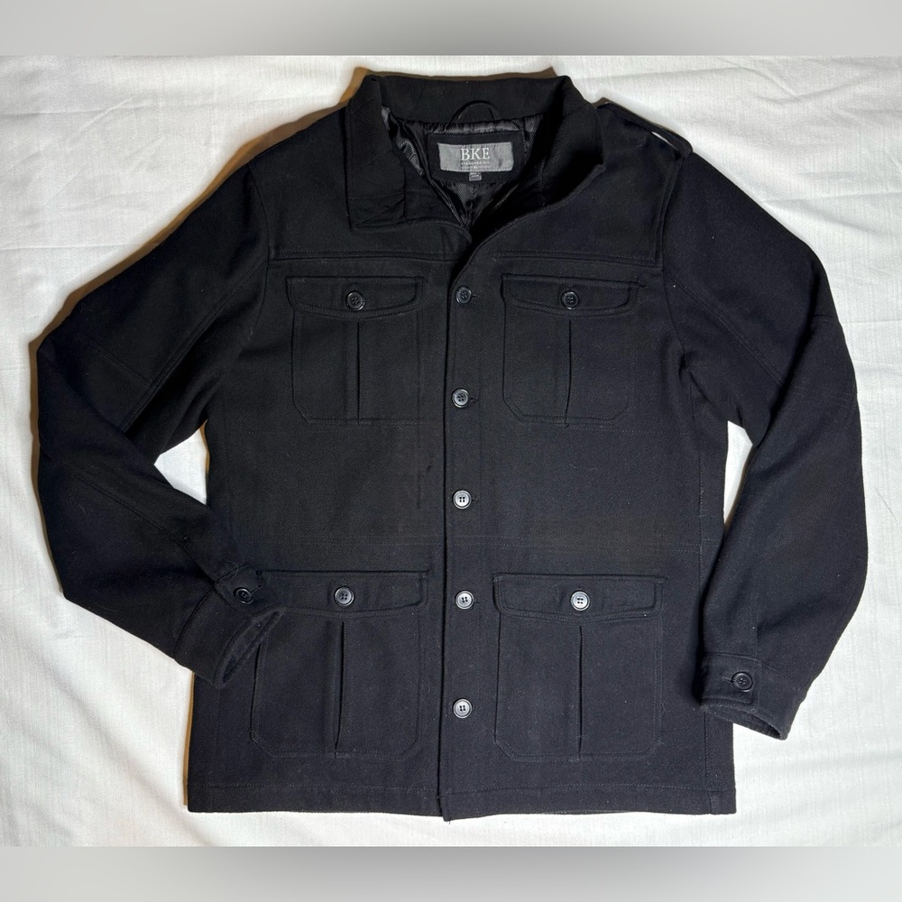 BKE Buckle Jacket Mens XL Black Wool Blend Coat  Standard Fit Button Up